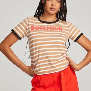 NWT Chaser Women’s Bonjour Striped Ringer Tee, Tan/White/Black/Red, Sizes S M